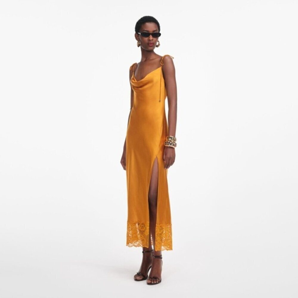 NEW Self-Portrait Burnt Orange Satin Midi Dress Lace | US 0 UK 4 - Picture 3 of 12